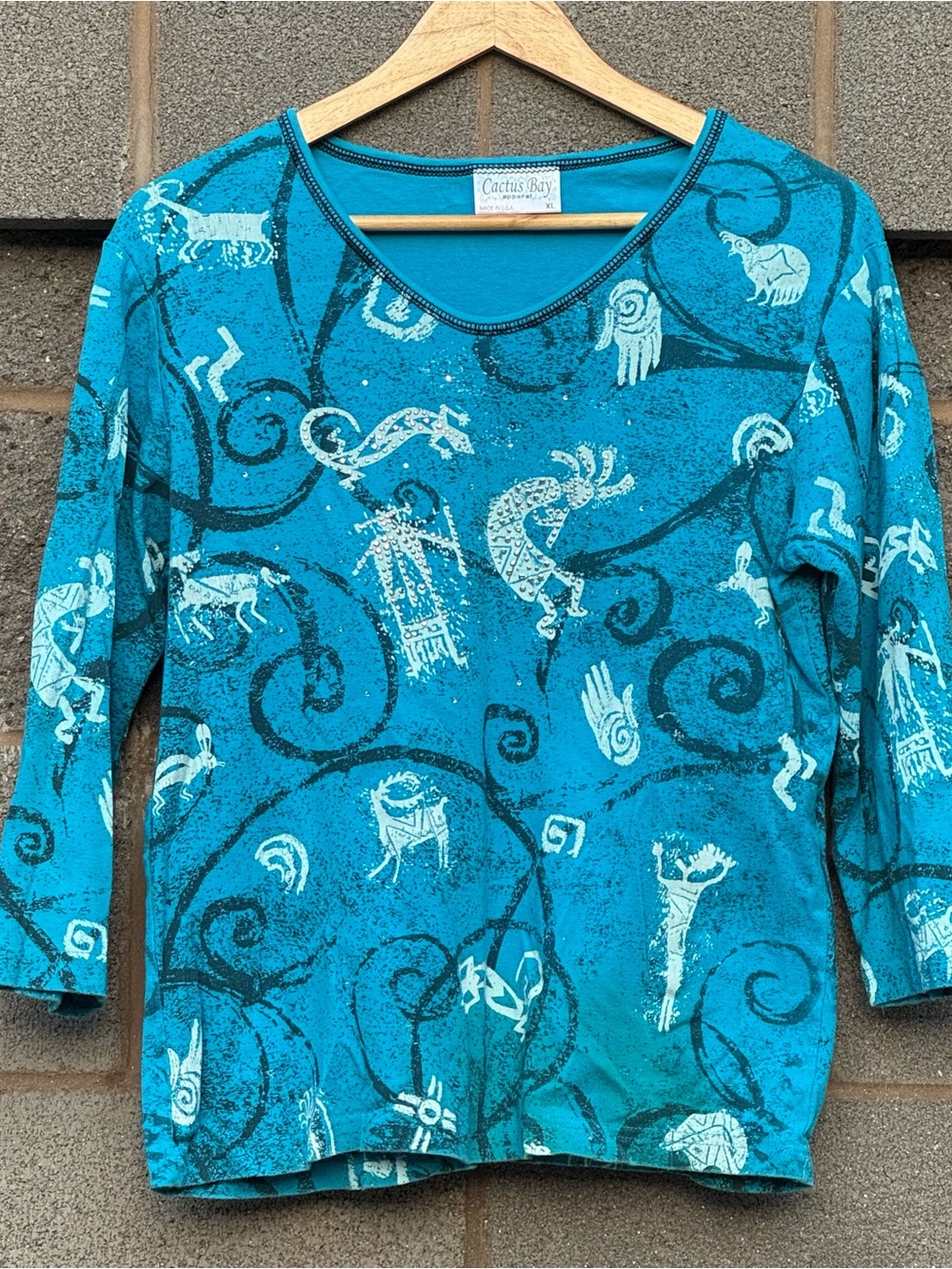 Women’s Vintage Y2K Cactus Bay Southwestern Petroglyph Print 3/4 Sleeve XL